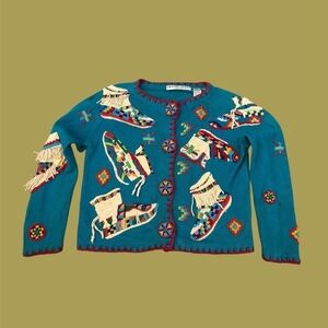 Michael Simon Teal Cardigan with Colorful Beading